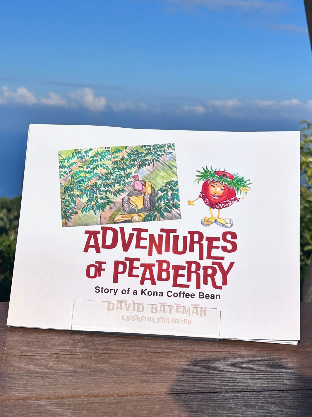 Book titled 'Adventures of Peaberry' on a wooden surface with a scenic background